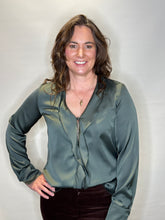 Sage Satin Ruffle Blouse