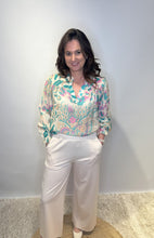 Pastel Floral Print Blouse with V-Neck - Aqua