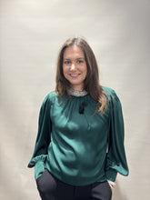 Emerald Satin Blouse with Crystal Collar