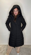 Longline Black Puffer Coat with Faux Fur Hood