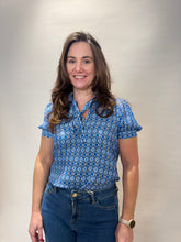 Blue Geometric Print Tie Neck Top
