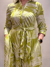 Green Leaf Print Belted Maxi Dress