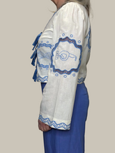 Blue Embroidered Tie-Front Blouse