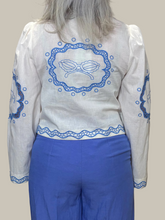 Blue Embroidered Tie-Front Blouse