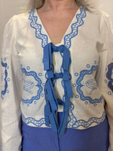 Blue Embroidered Tie-Front Blouse