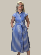 Blue Stripe Belted Midi Dress