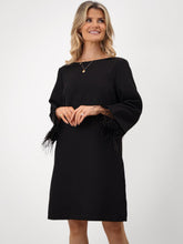 Black Mini Shift Dress with Feather Cuffs & Bow Back