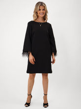 Black Mini Shift Dress with Feather Cuffs & Bow Back