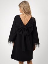 Black Mini Shift Dress with Feather Cuffs & Bow Back