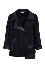 Wrap jacket with Leatherette Collar and Band and Pocket Flap - Black