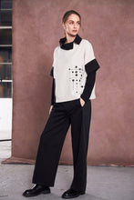Placement Print Top with Contrast Collar - Black & Sand