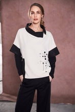 Placement Print Top with Contrast Collar - Black & Sand