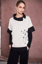 Placement Print Top with Contrast Collar - Black & Sand