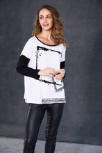 Cube Print Top with Contrast Sleeves - Black & White