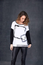 Cube Print Top with Contrast Sleeves - Black & White
