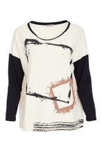 Cube Print Top with Contrast Sleeves - Black & Sand