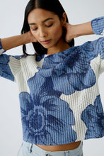 Floral Ribbed Knit Sweater in Blue & White