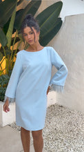 Mini Shift Dress with Feather Cuffs & Bow Back - Baby Blue