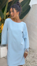 Mini Shift Dress with Feather Cuffs & Bow Back - Baby Blue