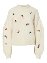 Cream Knit Sweater with Embroidered Flowers