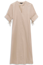 Beige Midi Shirt Dress with Tie Sleeve Detail