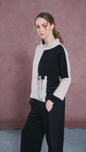 Two-Tone Funnel Neck Print Top - Black & Sand