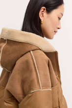Camel Puffer with Shearling Hood