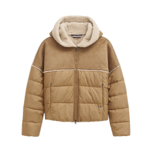 Camel Puffer with Shearling Hood